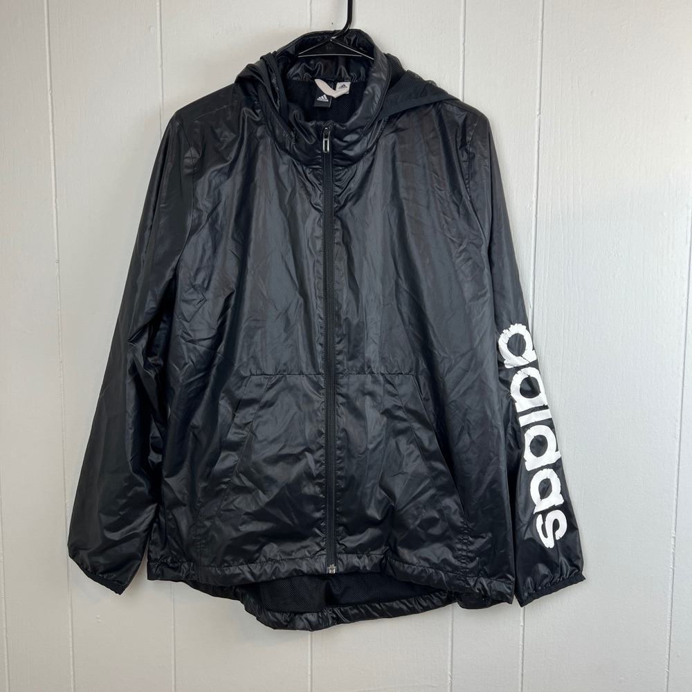 Adidas Womens Essentials Linear Windbreaker Zip Jacket Hooded Black‎ Size Medium
